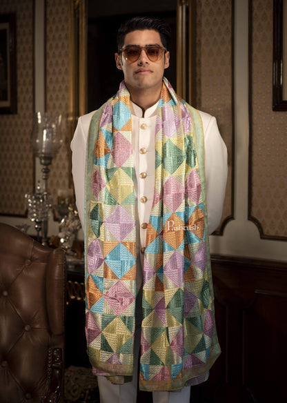 Pashtush India 114x228 Pashtush Mens Stole with Multicoloured Embroidery, Phulkari