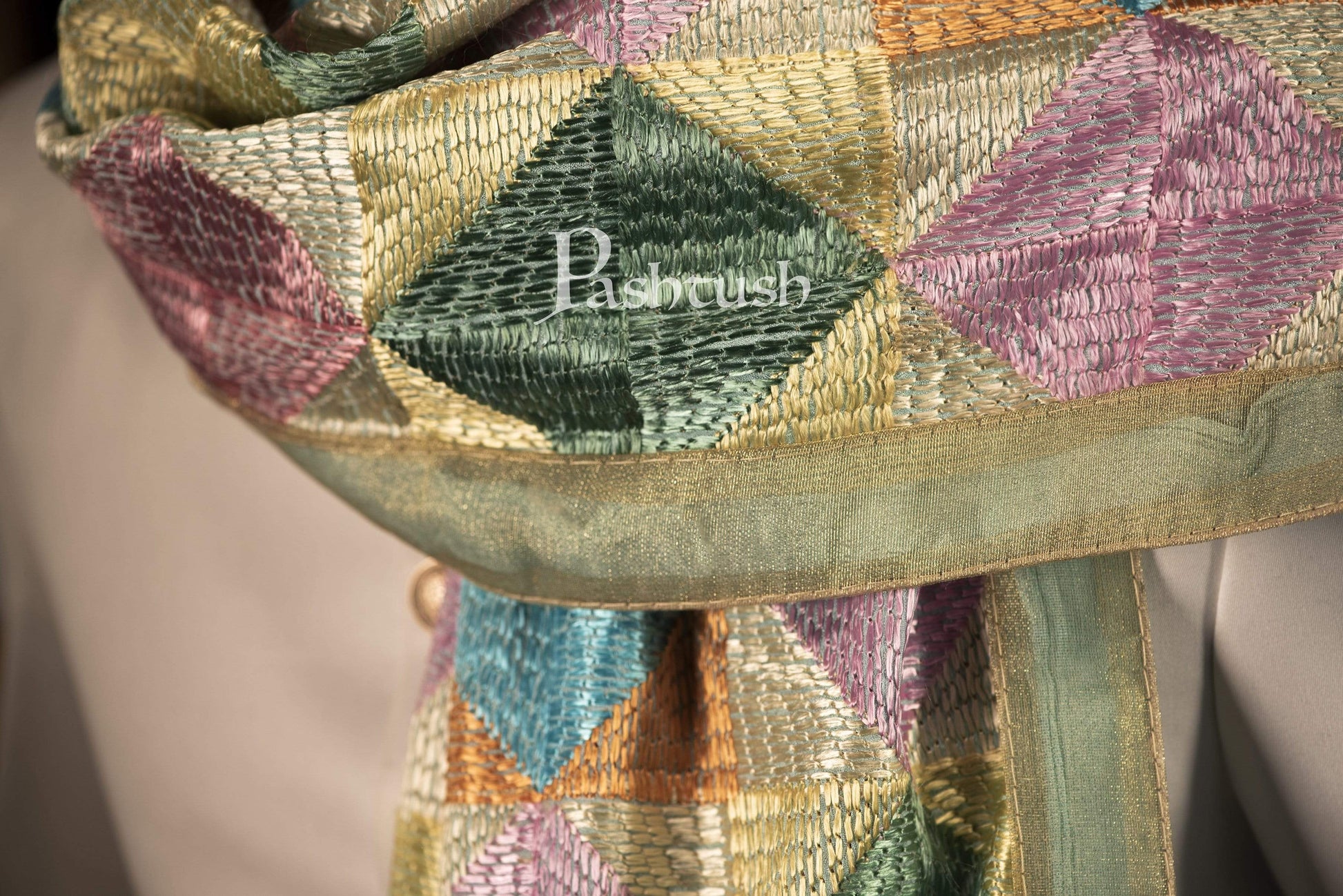 Pashtush India 114x228 Pashtush Mens Stole with Multicoloured Embroidery, Phulkari
