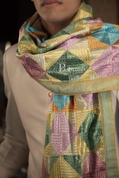 Pashtush India 114x228 Pashtush Mens Stole with Multicoloured Embroidery, Phulkari
