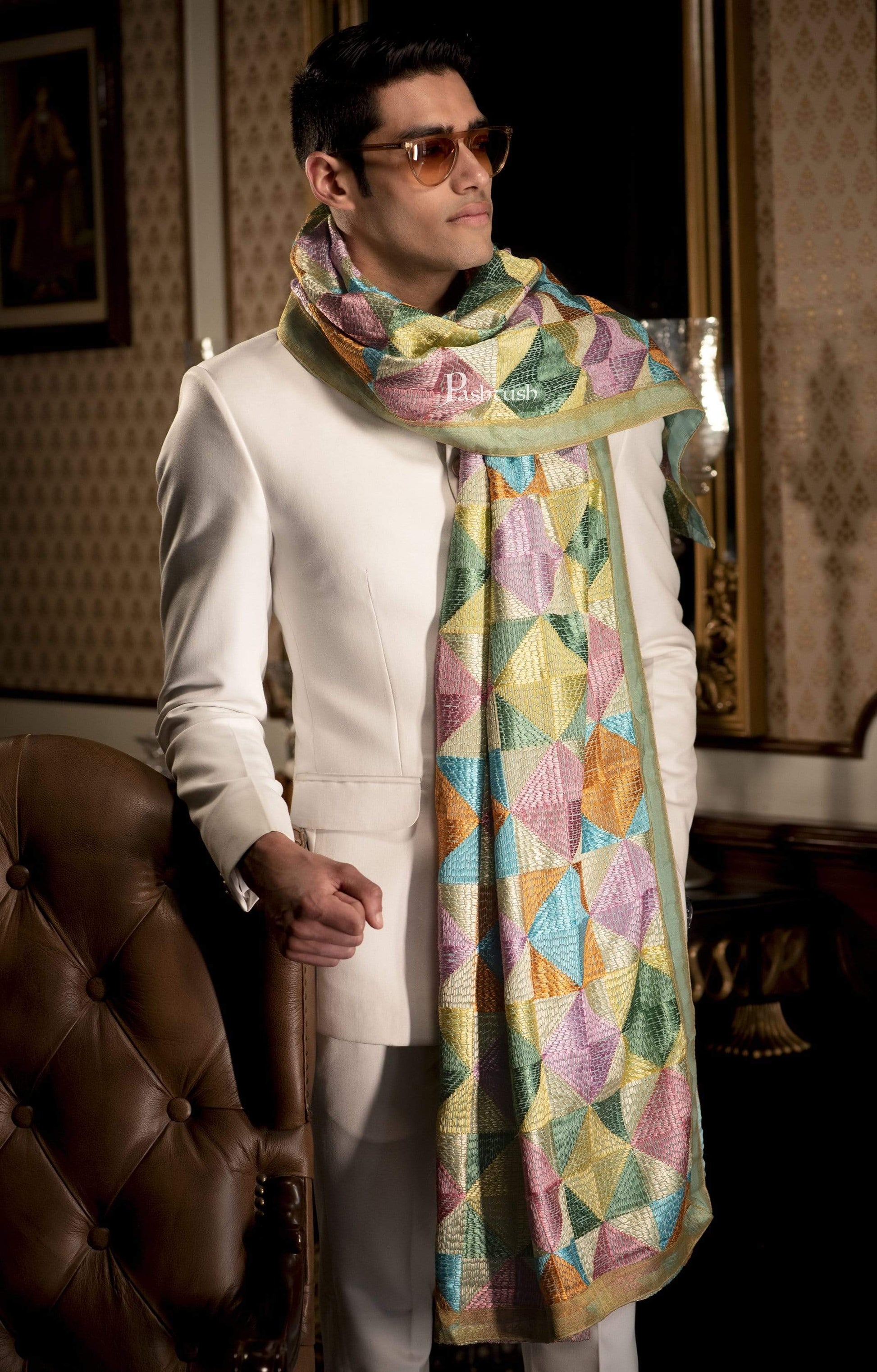Pashtush India 114x228 Pashtush Mens Stole with Multicoloured Embroidery, Phulkari