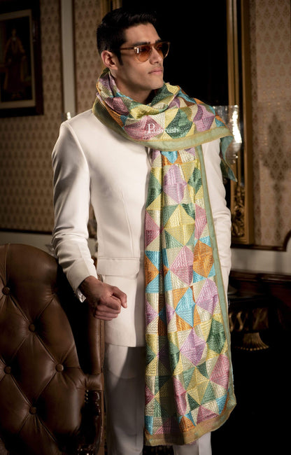 Pashtush India 114x228 Pashtush Mens Stole with Multicoloured Embroidery, Phulkari