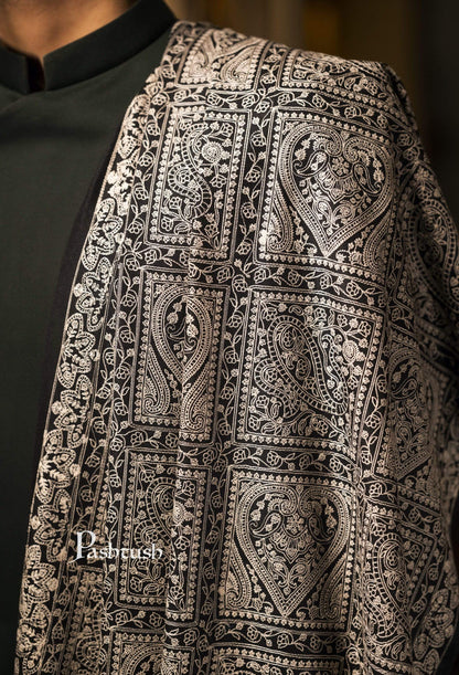 Pashtush India 100x200 Pashtush Mens Stole with Tone on Tone Embroidery, Soft and Warm, Rich Black