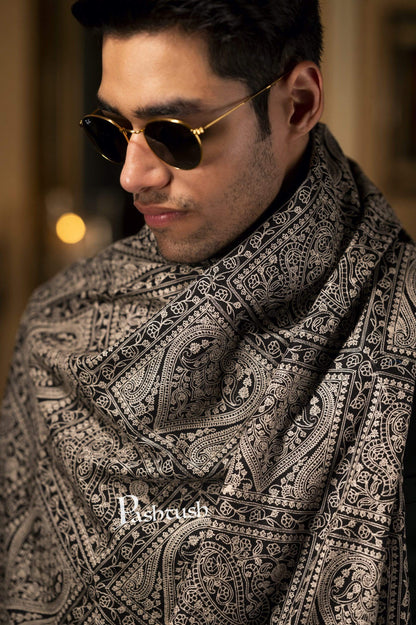 Pashtush India 100x200 Pashtush Mens Stole with Tone on Tone Embroidery, Soft and Warm, Rich Black