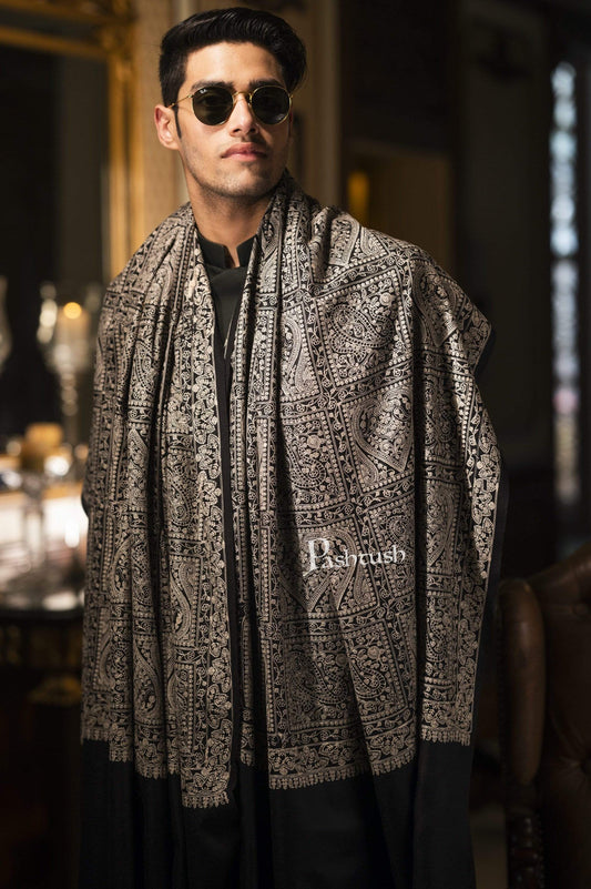 Pashtush India 100x200 Pashtush Mens Stole with Tone on Tone Embroidery, Soft and Warm, Rich Black