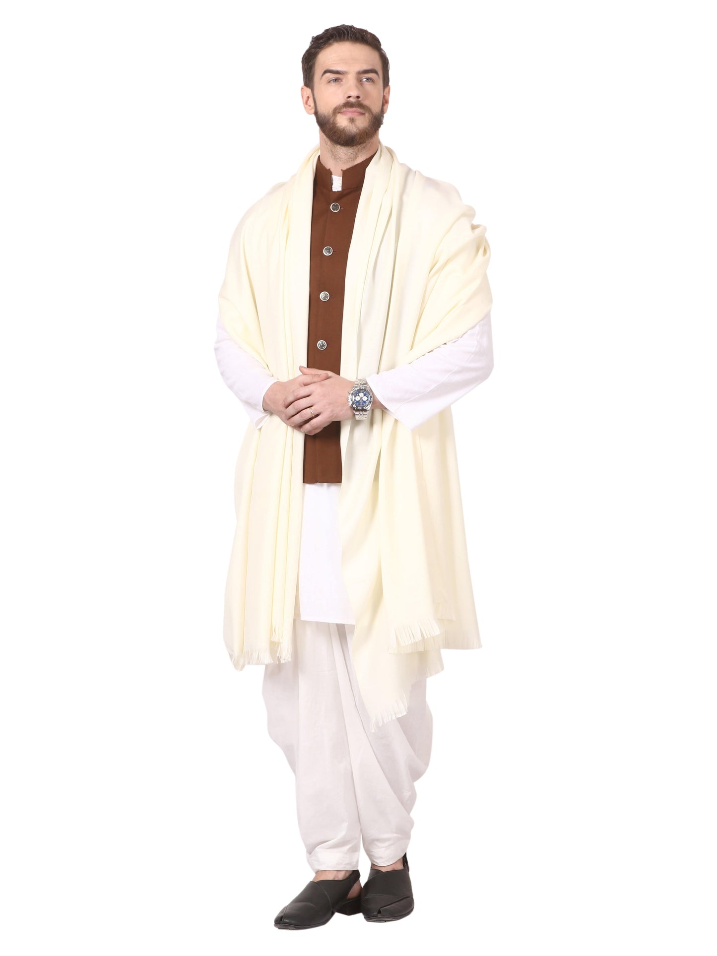 PASHTUSH MENS THICK WOOLLEN LOHI, MENS SHAWL WITH 50% WOOL,IVORY