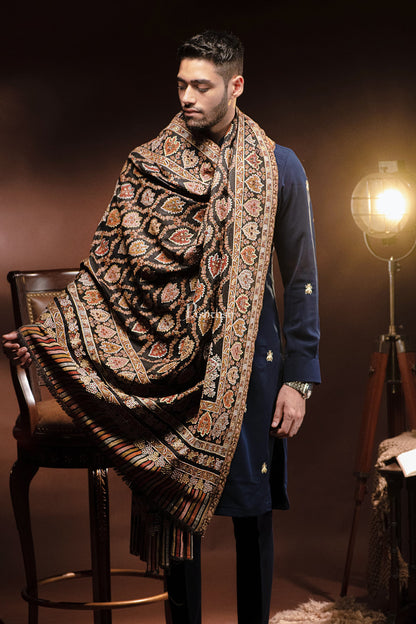 Pashtush India Mens Scarves Stoles and Mufflers Pashtush Mens Tilla Hand Embroidered Shawl, Full Size, Extra Fine Count Wool, Black