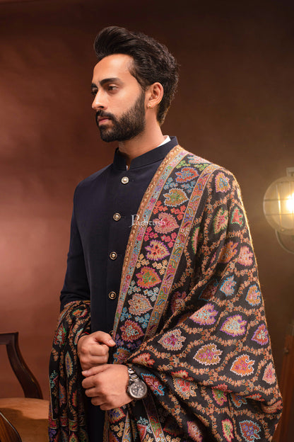 Pashtush India Mens Shawls Gents Shawl Pashtush Mens Tilla Hand Embroidered Shawl, Full Size, Extra Fine Count Wool, Black