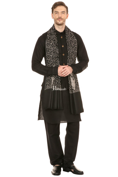 Pashtush India Mens Scarves Stoles and Mufflers Pashtush Mens Tone On Tone Embroidery Stole - Black