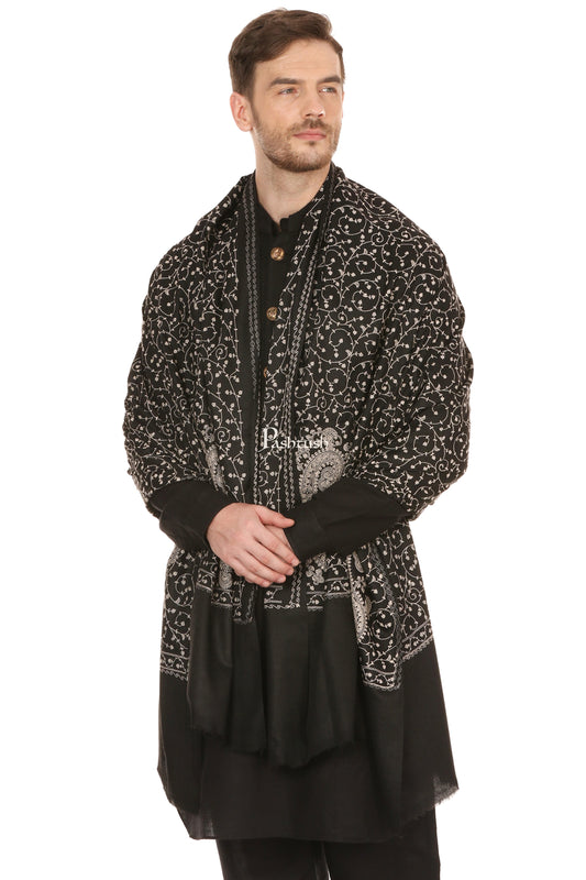 Pashtush India Mens Scarves Stoles and Mufflers Pashtush Mens Tone On Tone Embroidery Stole - Black