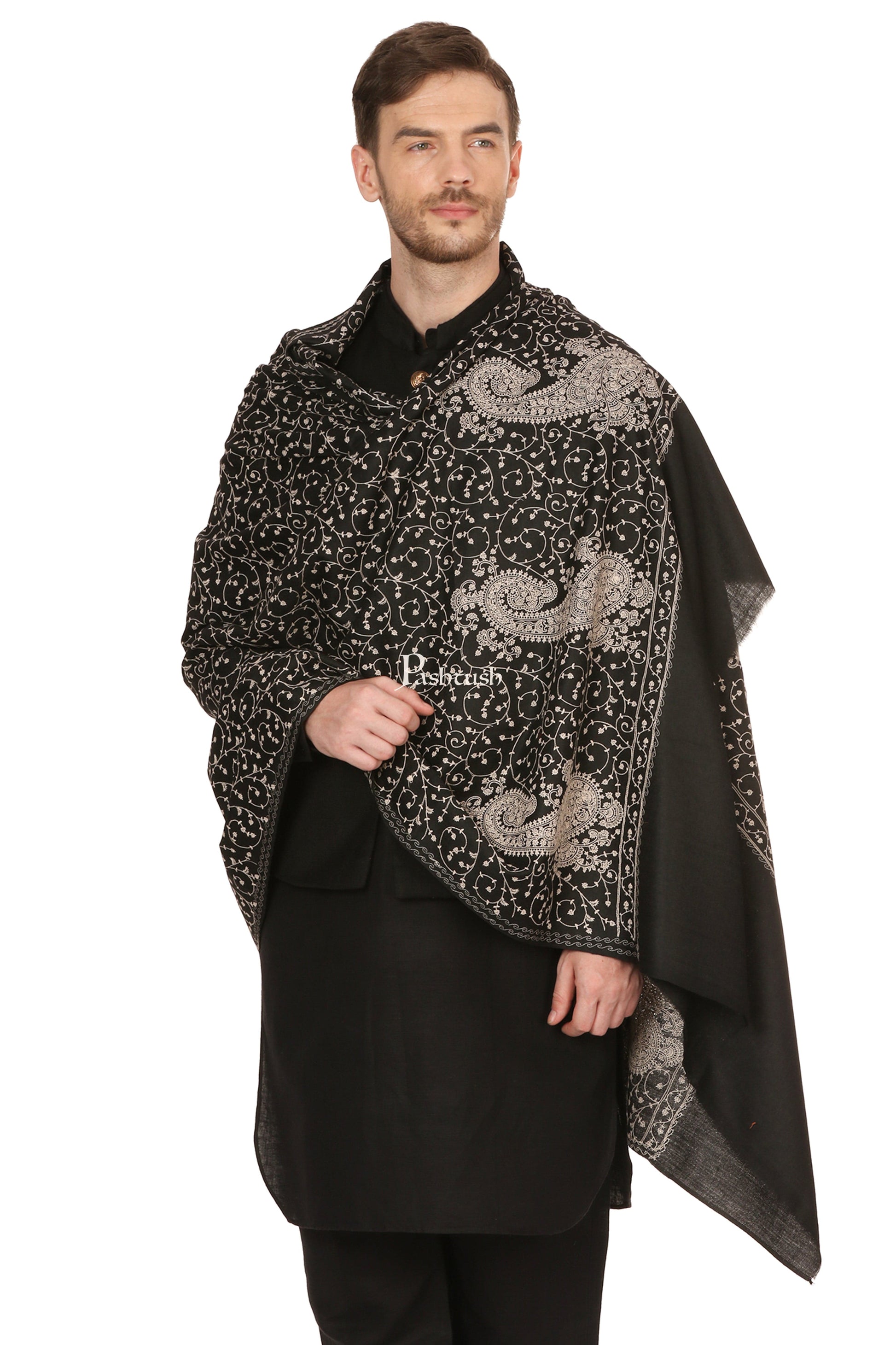 Pashtush India Mens Scarves Stoles and Mufflers Pashtush Mens Tone On Tone Embroidery Stole - Black