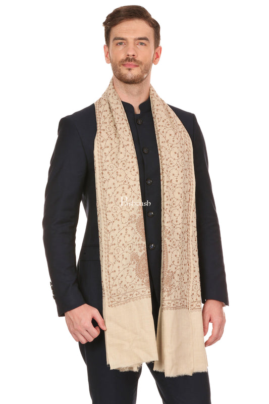 Pashtush India Mens Scarves Stoles and Mufflers Pashtush Mens Tone On Tone Embroidery Stole - Natural Beige