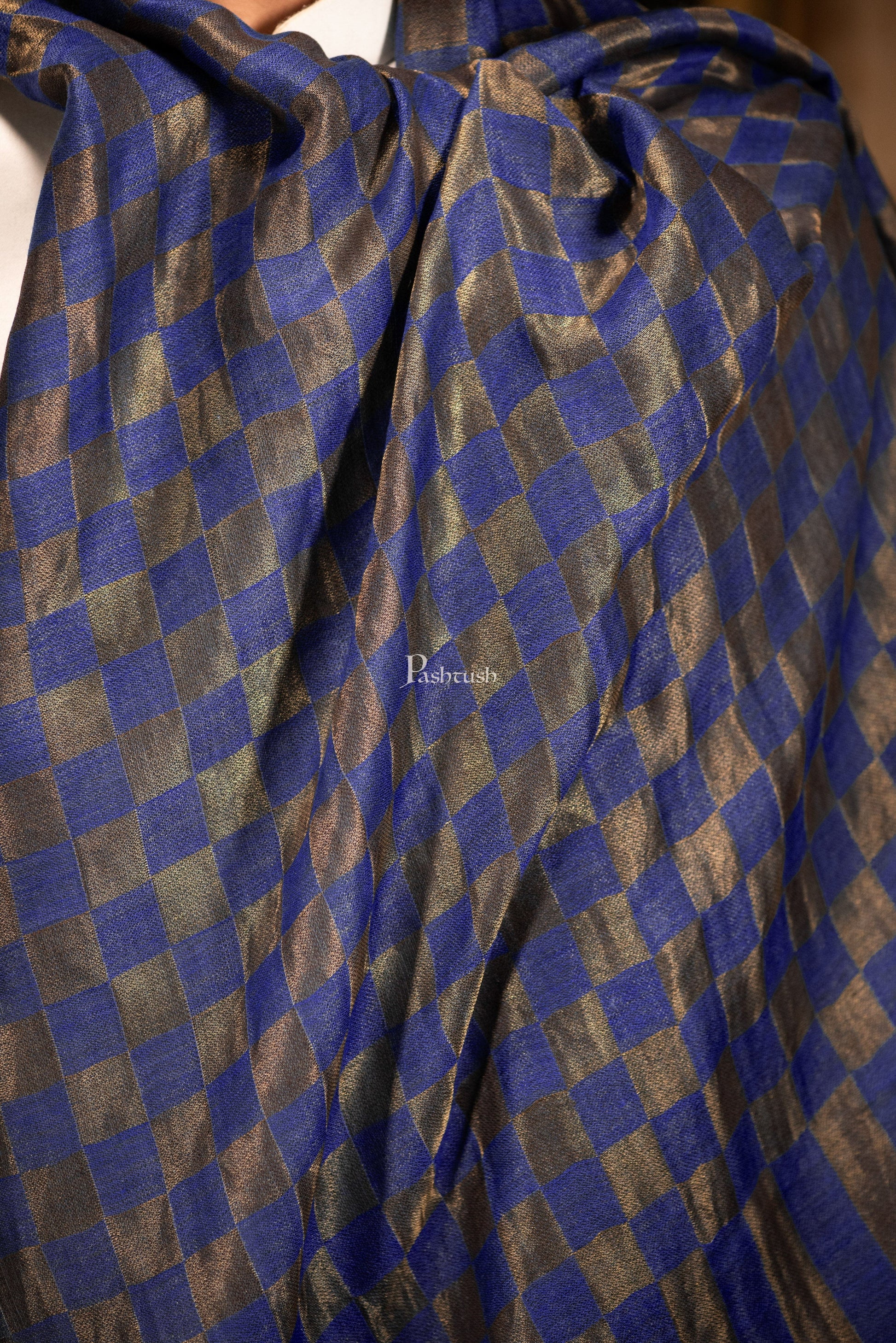 Pashtush India Mens Scarves Stoles and Mufflers Pashtush Mens Twilight Collection, Checkered Metallic Thread Weave, Fine Wool, Blue and golden