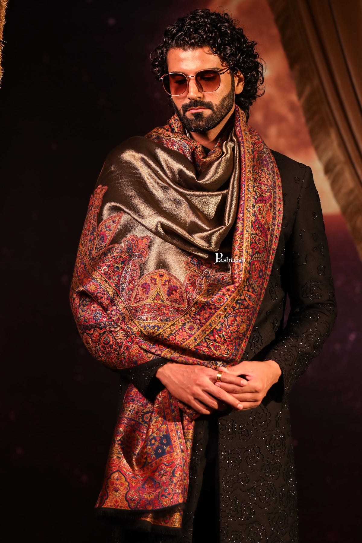 Pashtush India Mens Scarves Stoles and Mufflers Pashtush Mens Twilight Collection Stole, With Metallic Thread Weave, Fine Wool, Reversible