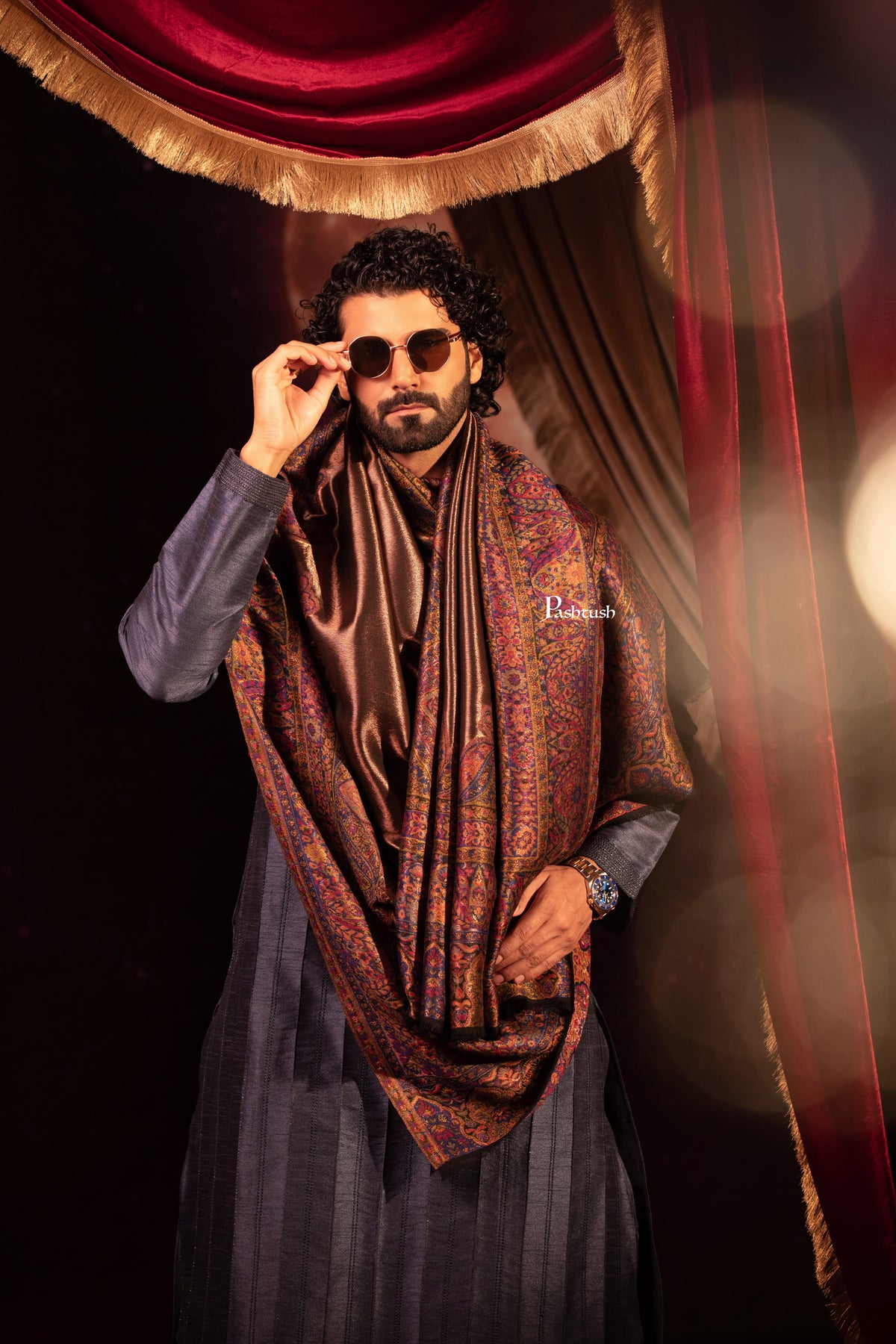 Pashtush India Mens Scarves Stoles and Mufflers Pashtush Mens Twilight Collection Stole, With Metallic Thread Weave, Fine Wool, Reversible
