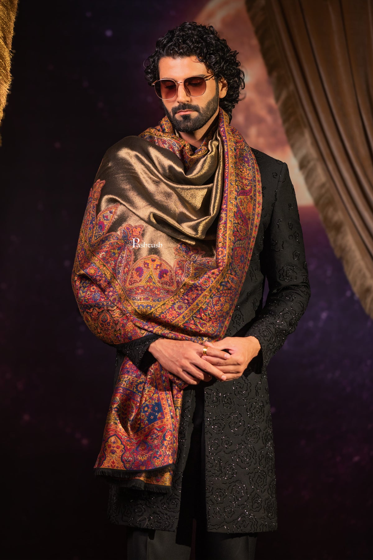 Pashtush India Mens Scarves Stoles and Mufflers Pashtush Mens Twilight Collection Stole, With Metallic Thread Weave, Fine Wool, Reversible