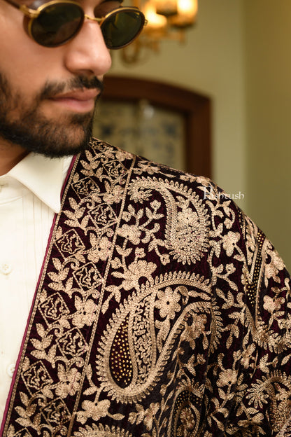 Pashtush India Mens Scarves Stoles and Mufflers Pashtush Mens Velvet Dupatta, Velvet Stole With Paisley Embroidery Design, Dark Brown