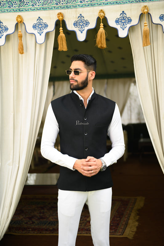 Pashtush India Coats & Jackets Pashtush Mens Waistcoat, Fine Wool, Solid Black