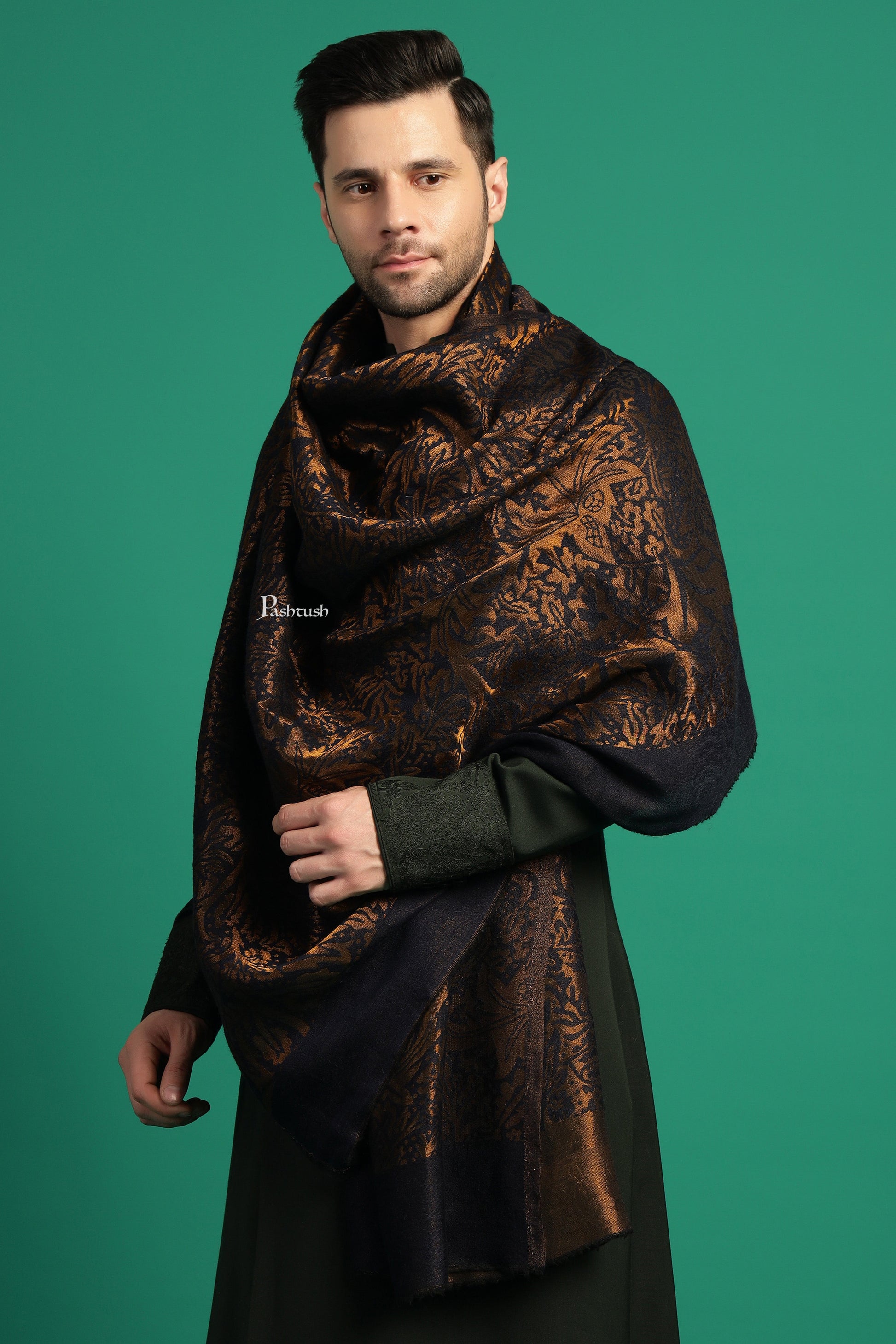 Pashtush India Mens Scarves Stoles and Mufflers Pashtush Mens Wool Silk Stole, Paisley Weave Design, Blue