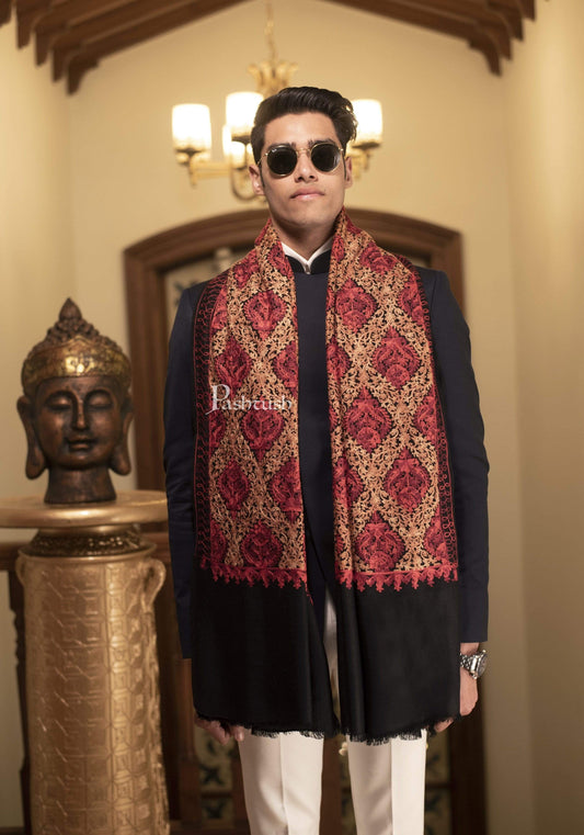 Pashtush India 100x200 Pashtush Mens Woollen, Aari Embroidery Stole, Black