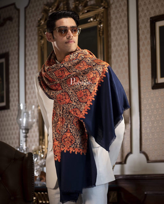 Pashtush India 100x200 Pashtush Mens Woollen, Aari Embroidery Stole, Navy Blue