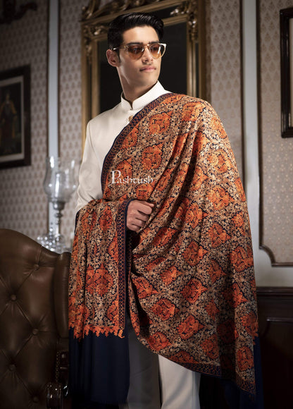 Pashtush India 100x200 Pashtush Mens Woollen, Aari Embroidery Stole, Navy Blue