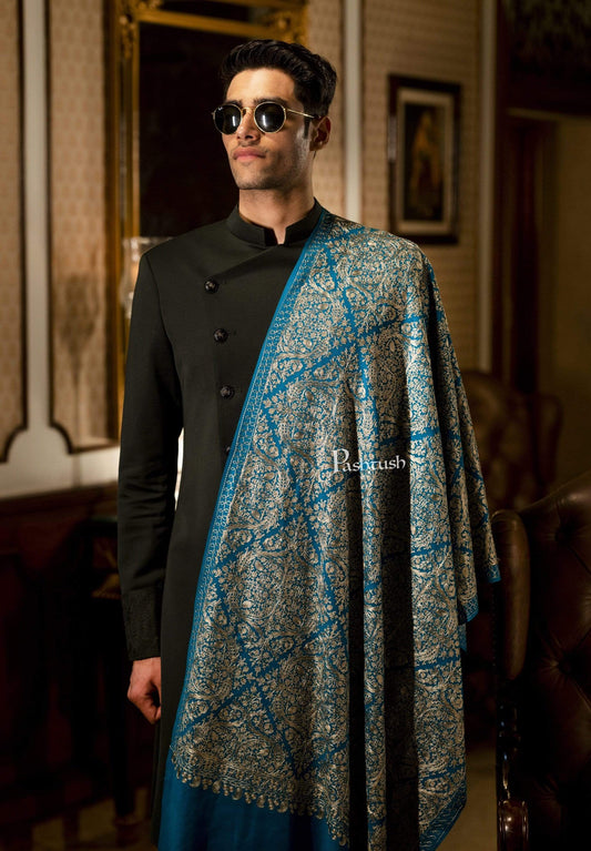 Pashtush India 70x200 Pashtush Mens Woollen, Silky Embroidery Stole, Royal Blue