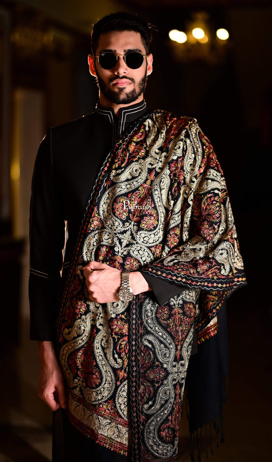 Pashtush India 70x200 Pashtush Mens Woollen Stole with Nalki Embroidery, Black