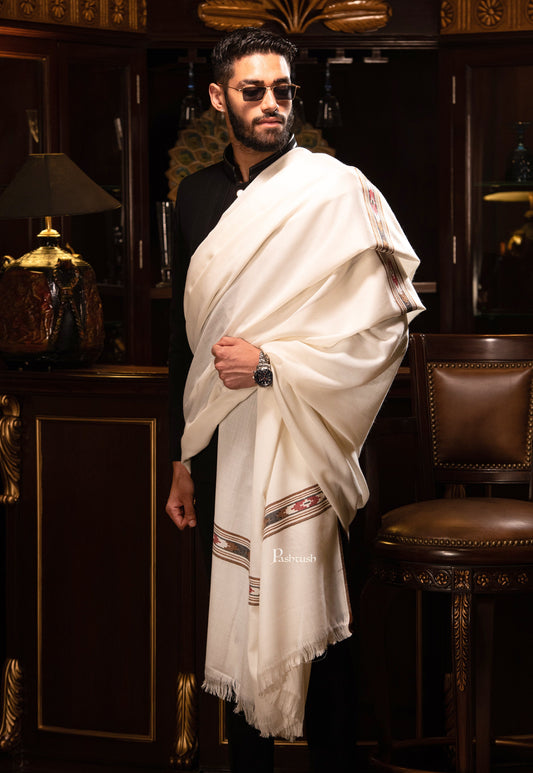 Pashtush India Mens Shawls Gents Shawl Pashtush Mens Woven Aztec Design Shawl, Fine Wool, Ivory