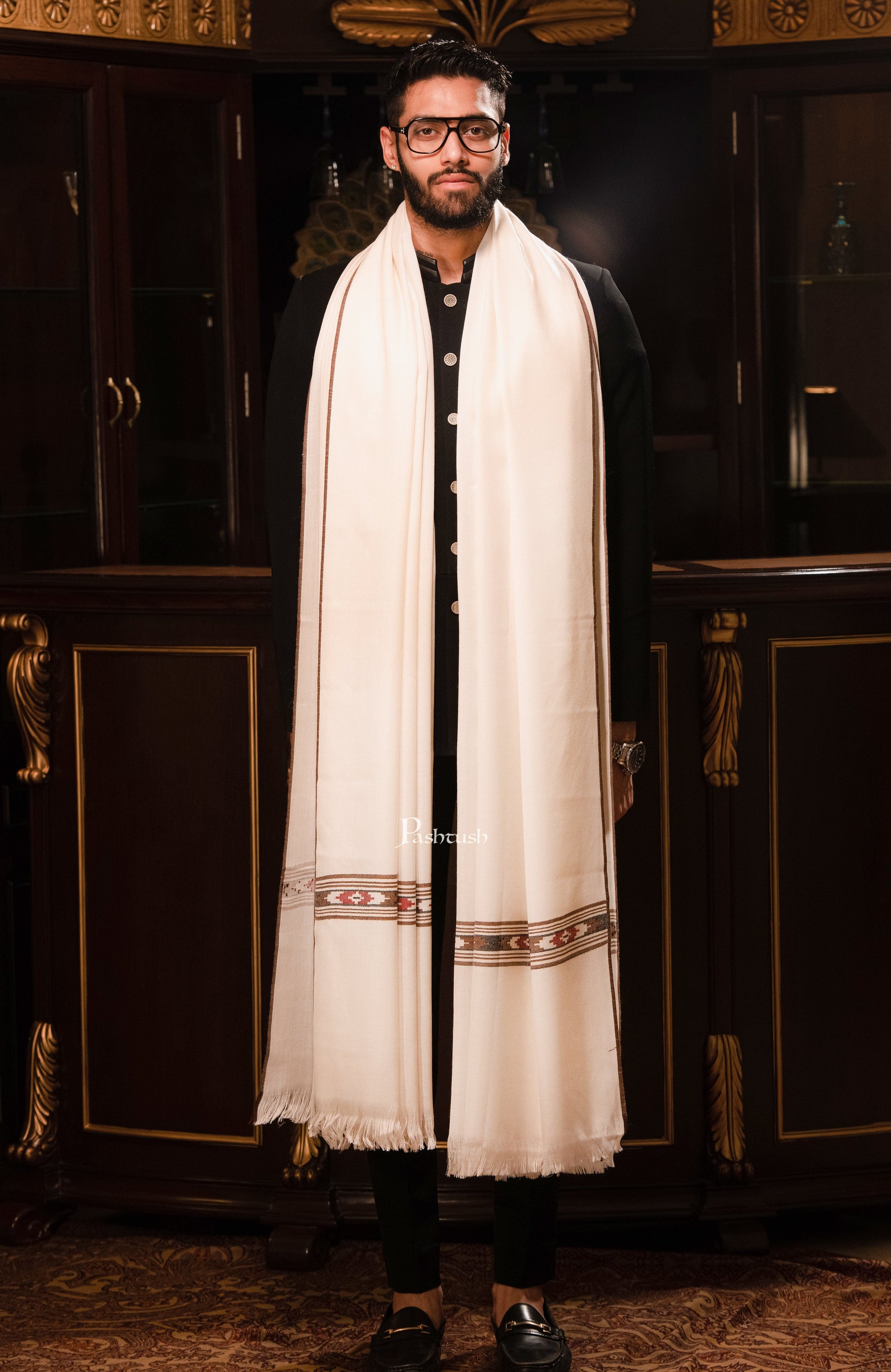 Pashtush India Mens Shawls Gents Shawl Pashtush Mens Woven Aztec Design Shawl, Fine Wool, Ivory