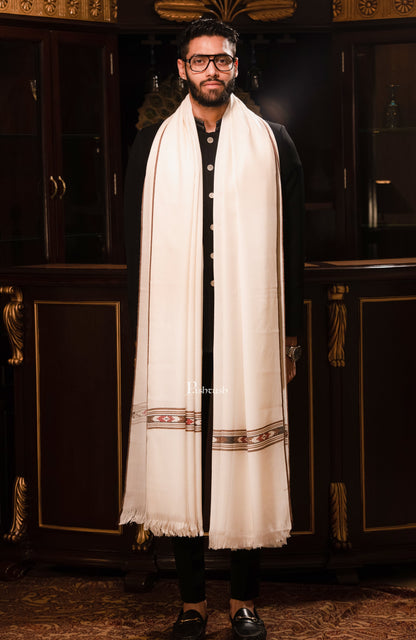 Pashtush India Mens Shawls Gents Shawl Pashtush Mens Woven Aztec Design Shawl, Fine Wool, Ivory