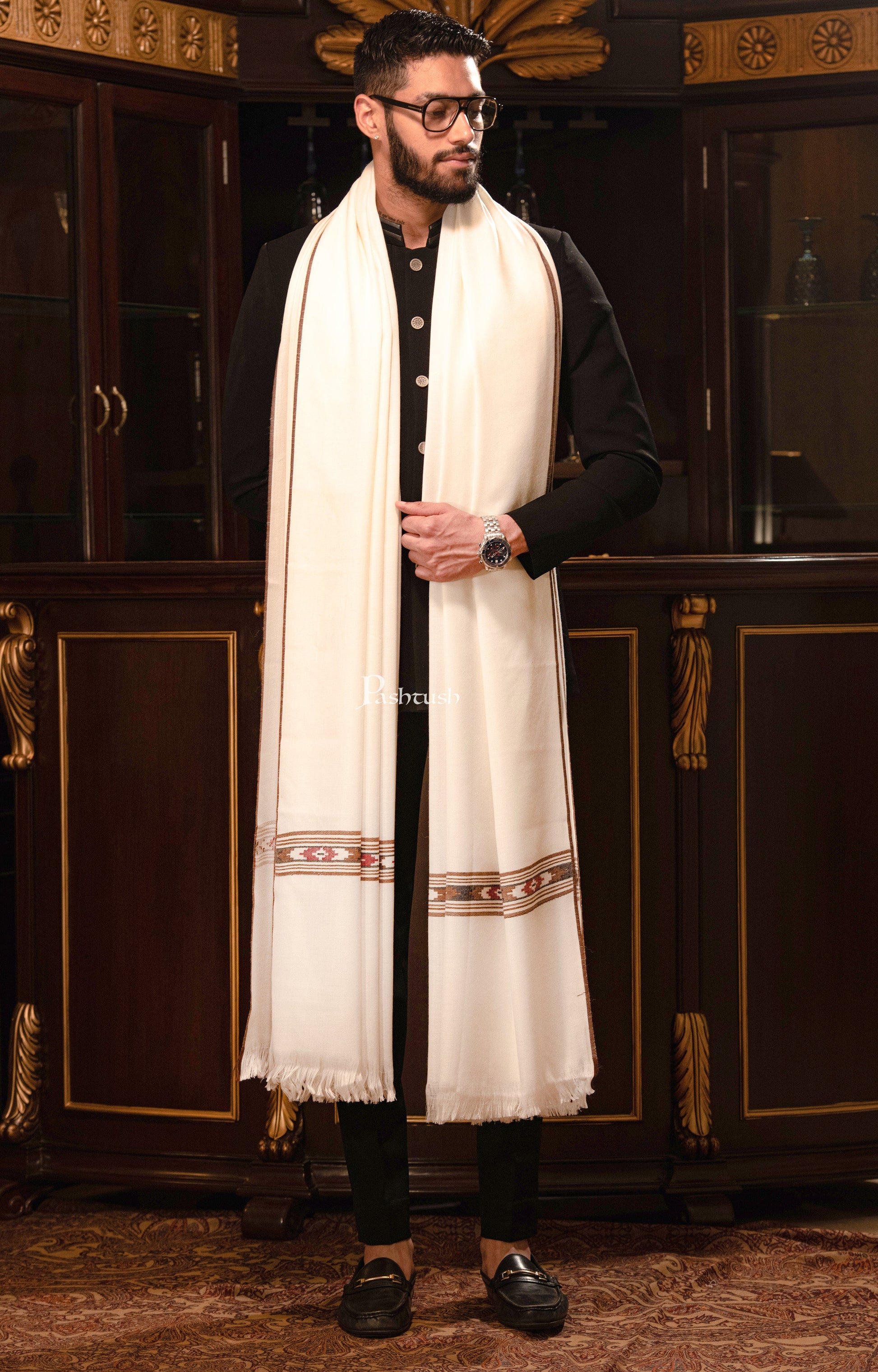 Pashtush India Mens Shawls Gents Shawl Pashtush Mens Woven Aztec Design Shawl, Fine Wool, Ivory