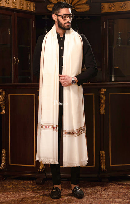 Pashtush India Mens Shawls Gents Shawl Pashtush Mens Woven Aztec Design Shawl, Fine Wool, Ivory
