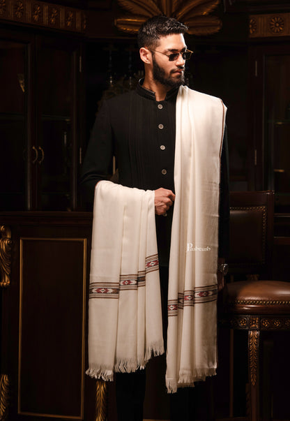 Pashtush India Mens Shawls Gents Shawl Pashtush Mens Woven Aztec Design Shawl, Fine Wool, Ivory