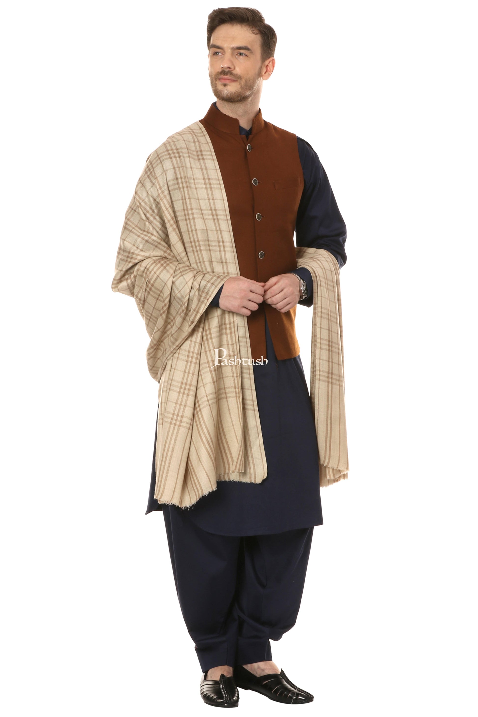 Pashtush India Mens Shawls Gents Shawl Pashtush Mens Woven Check Design Shawl, Merino Wool Light Weight, Soft Hand Feel