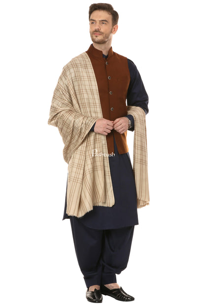 Pashtush India Mens Shawls Gents Shawl Pashtush Mens Woven Check Design Shawl, Merino Wool Light Weight, Soft Hand Feel