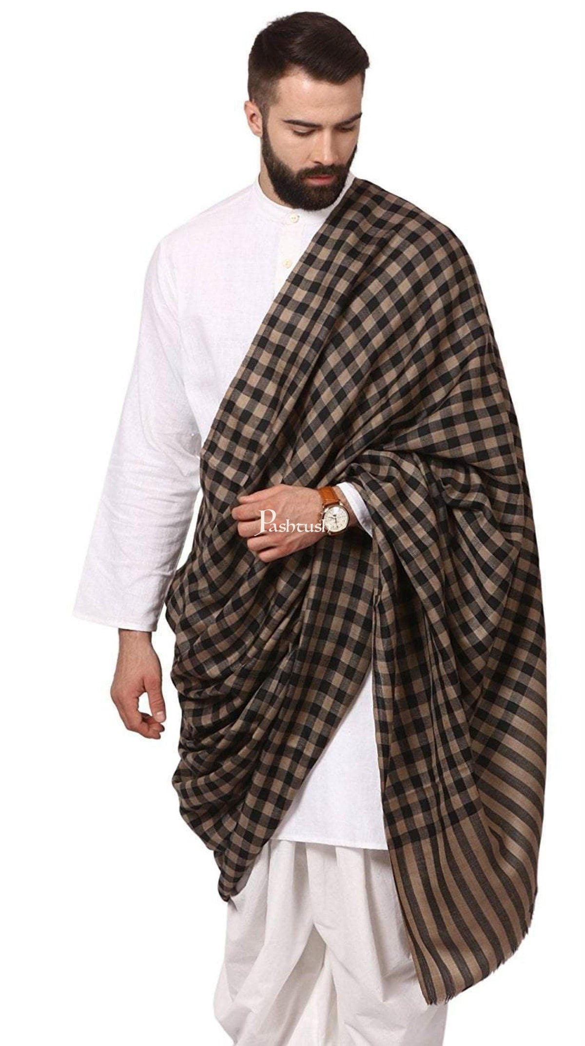 Pashtush His and Her Gift Set of Fine Wool Shawl and Stole, Black and Multicoloured, Packaged in Keepsake Wooden Chester Gift Box