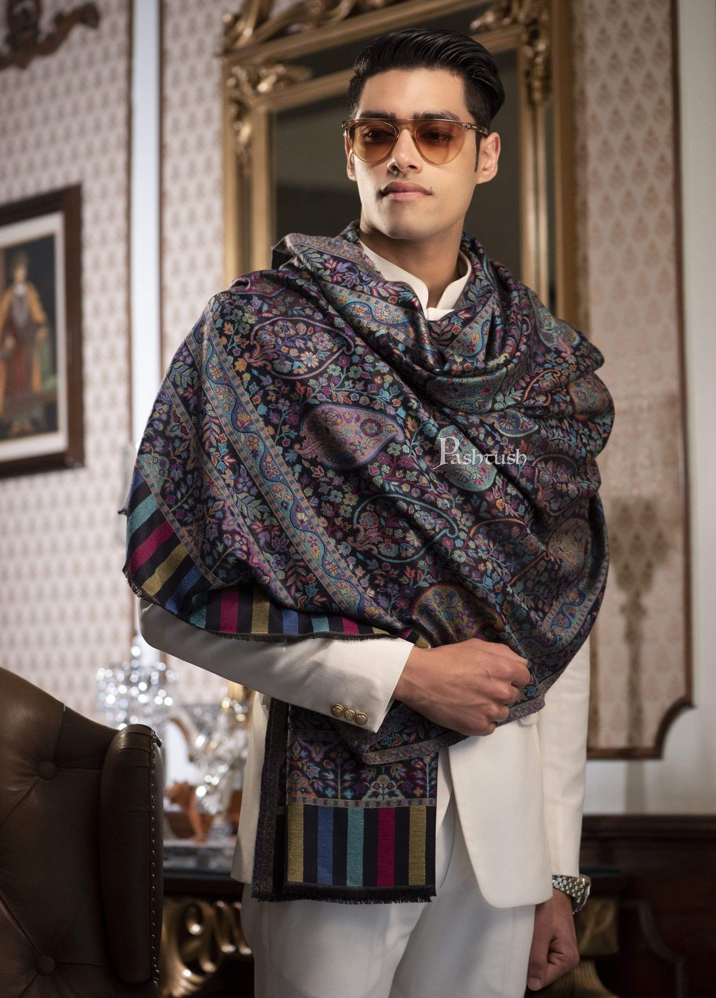 Pashtush India 70x200 Pashtush Mens Woven Ethnic Stole, Extra Soft Bamboo Fibre