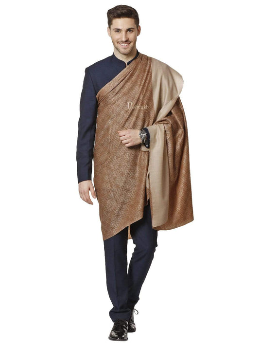 Pashtush India 100x200 PASHTUSH MENS WOVEN Jacquard SHAWL, ULTRA-LIGHT WEIGHT - FINE WOOL