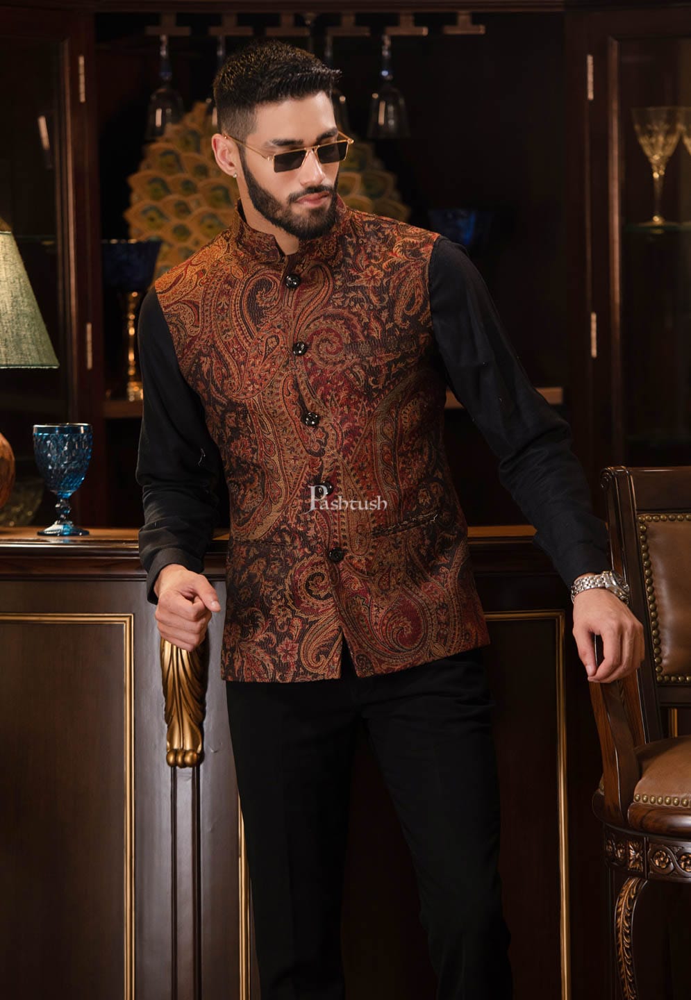 Pashtush India Coats & Jackets Pashtush Mens Woven Jacquard Structured Waistcoat, Slim Fit