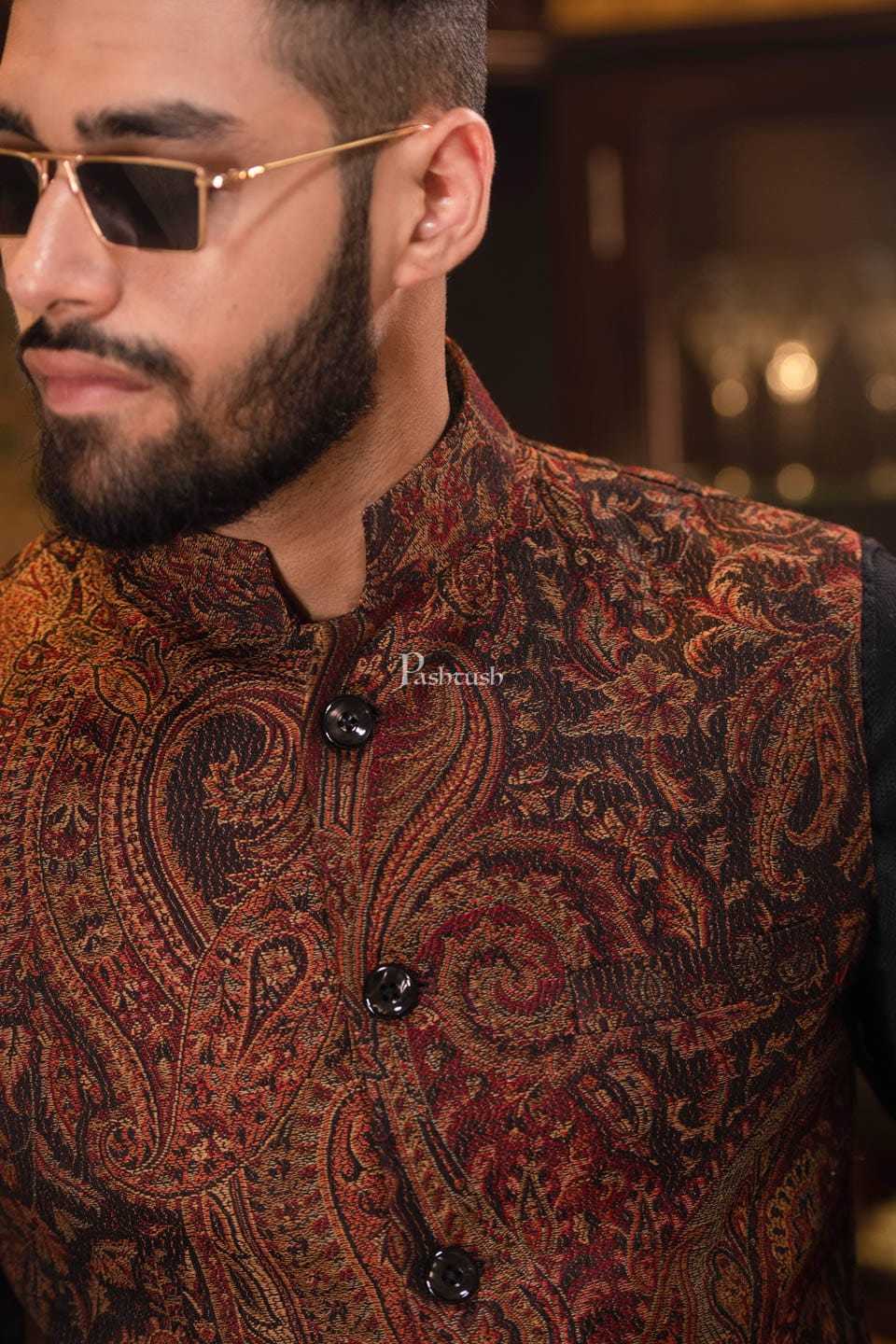 Pashtush India Coats & Jackets Pashtush Mens Woven Jacquard Structured Waistcoat, Slim Fit