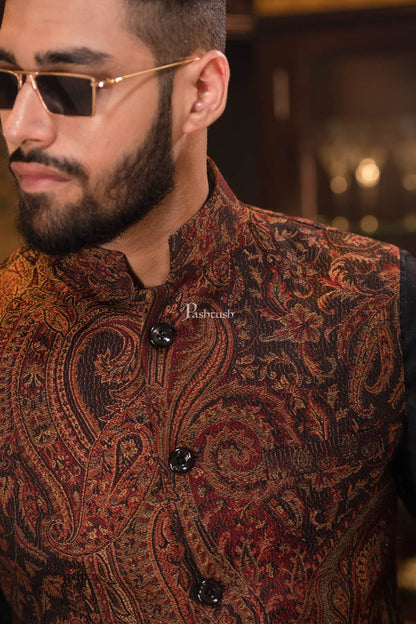 Pashtush India Coats & Jackets Pashtush Mens Woven Jacquard Structured Waistcoat, Slim Fit