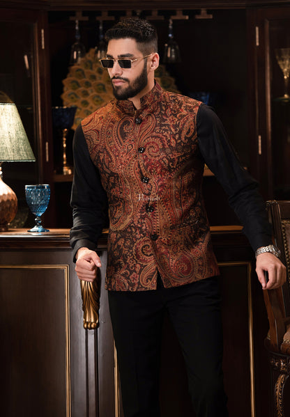 Pashtush India Coats & Jackets Pashtush Mens Woven Jacquard Structured Waistcoat, Slim Fit