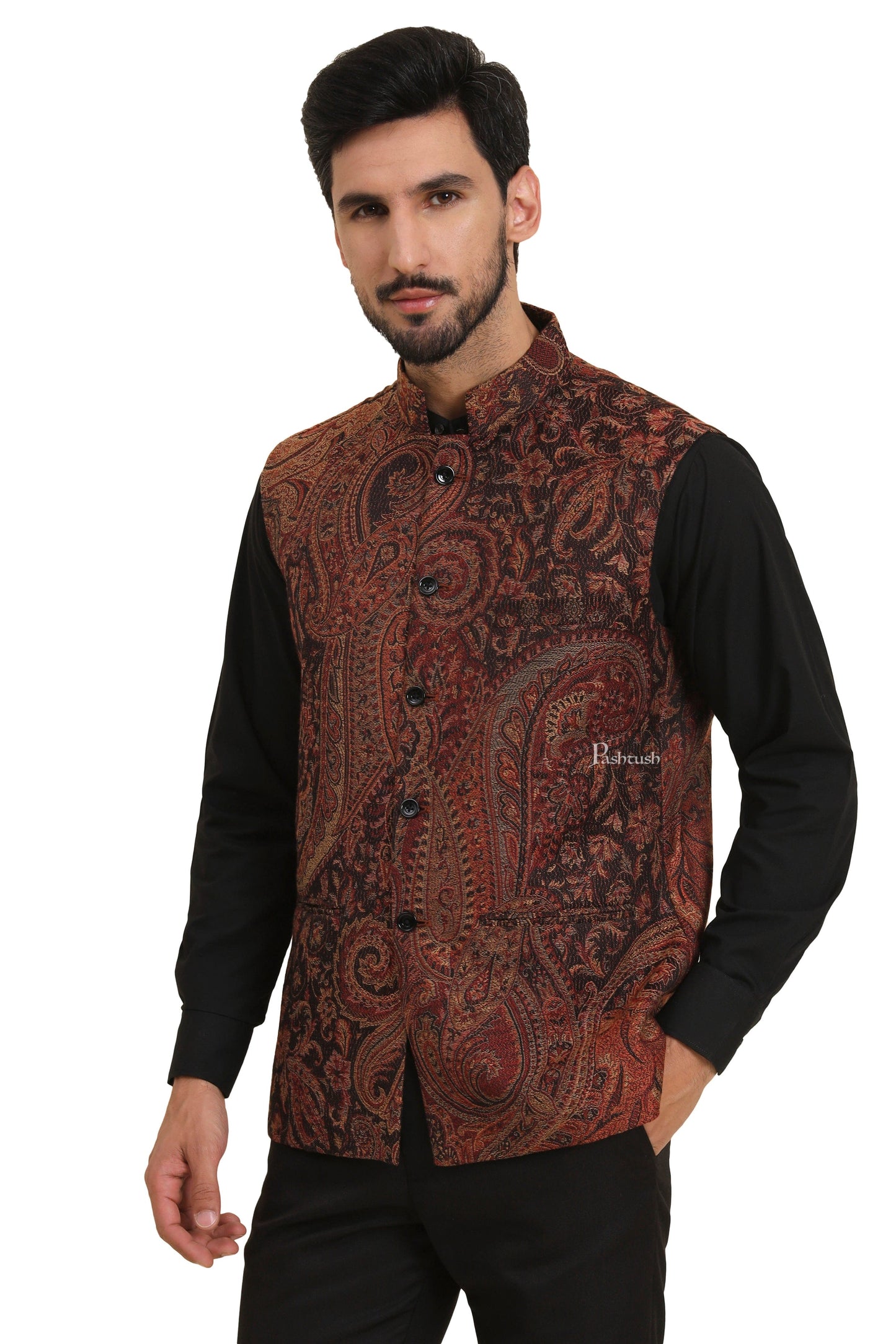 Pashtush India Coats & Jackets Pashtush Mens Woven Jacquard Structured Waistcoat, Slim Fit