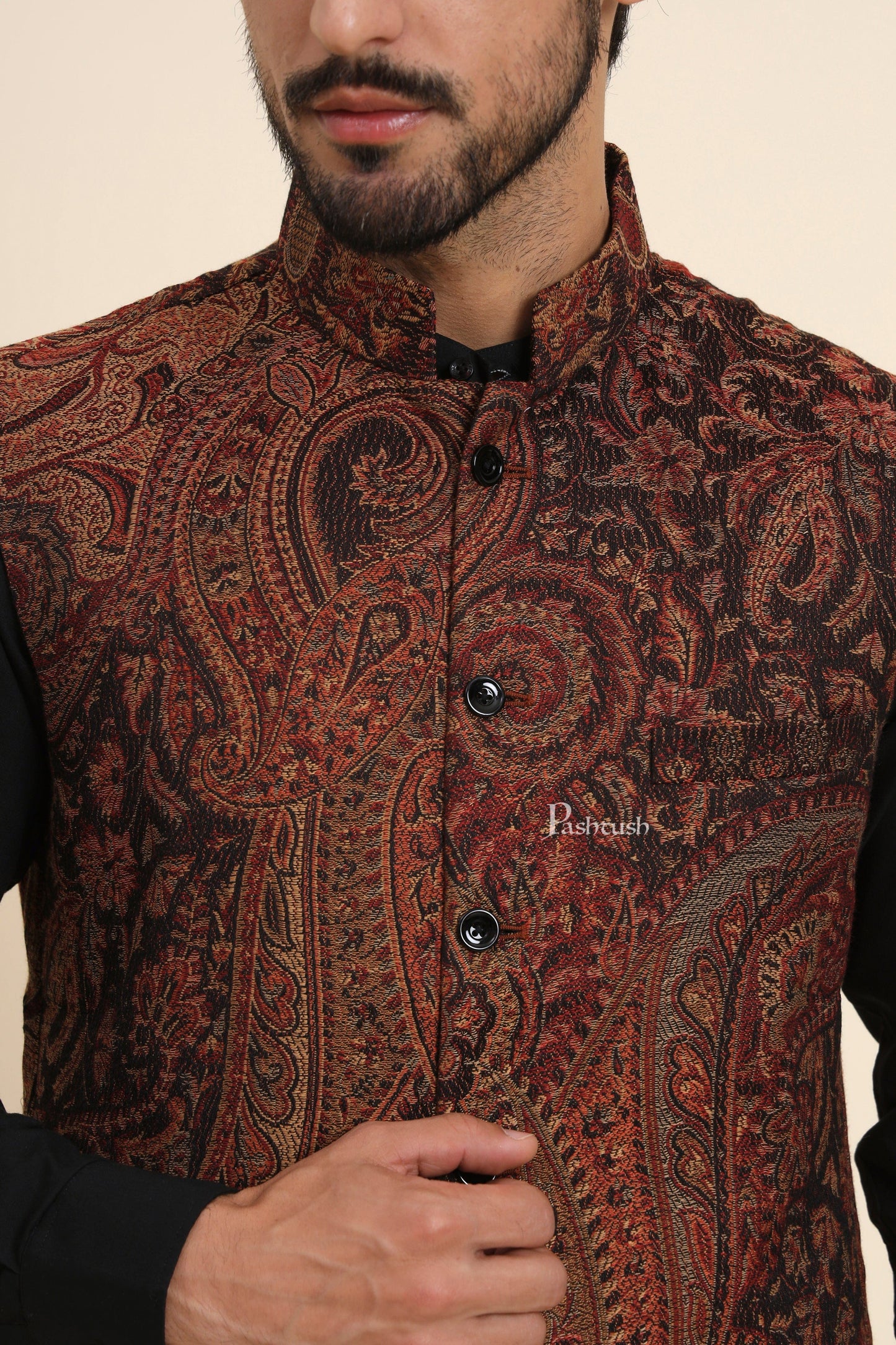 Pashtush India Coats & Jackets Pashtush Mens Woven Jacquard Structured Waistcoat, Slim Fit