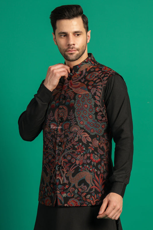 Pashtush India Coats & Jackets Pashtush Mens Woven Jacquard Structured Waistcoat, Slim Fit, Black