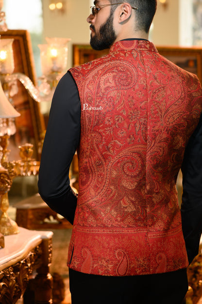Pashtush India Coats & Jackets Pashtush Mens Woven Jacquard Structured Waistcoat, Slim Fit, Maroon