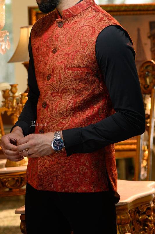 Pashtush India Coats & Jackets Pashtush Mens Woven Jacquard Structured Waistcoat, Slim Fit, Maroon