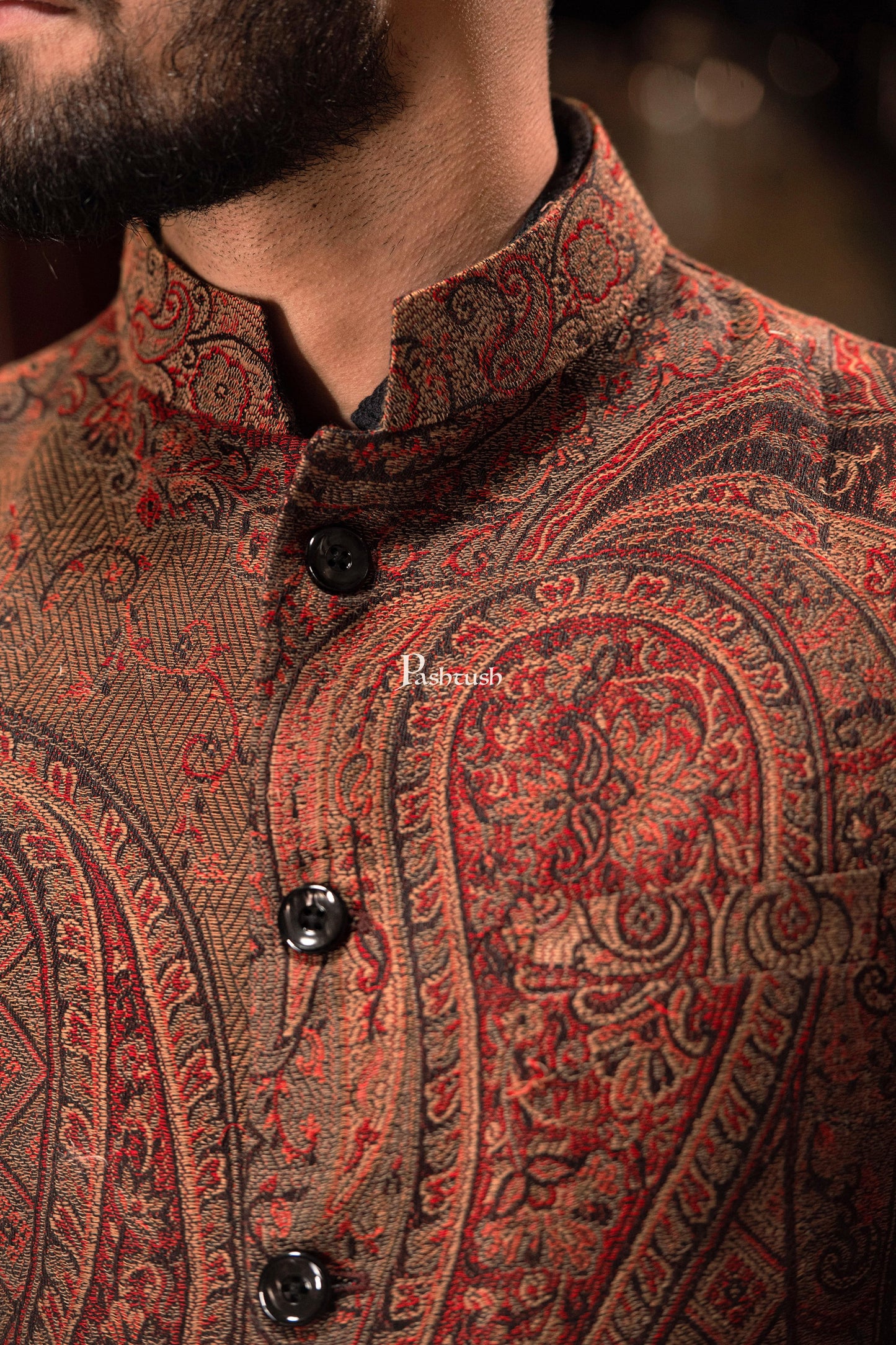 Pashtush India Coats & Jackets PASHTUSH MENS WOVEN JACQUARD WAISTCOAT, Structured SLIM FIT