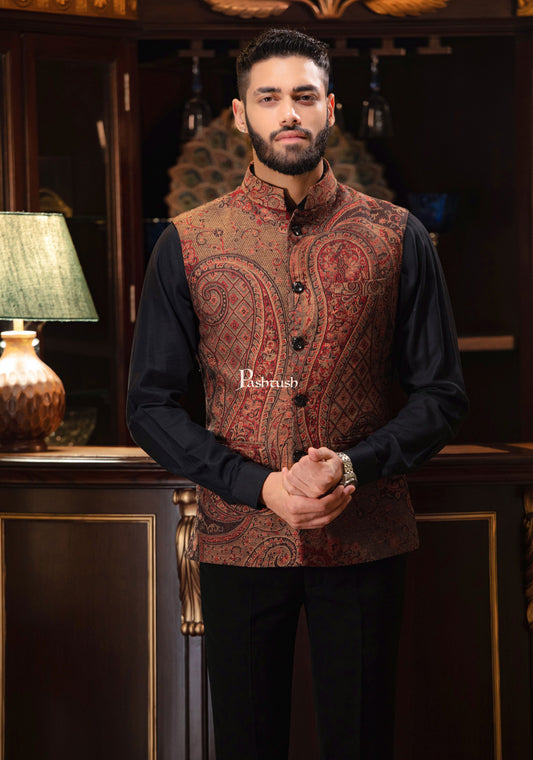 Pashtush India Coats & Jackets PASHTUSH MENS WOVEN JACQUARD WAISTCOAT, Structured SLIM FIT