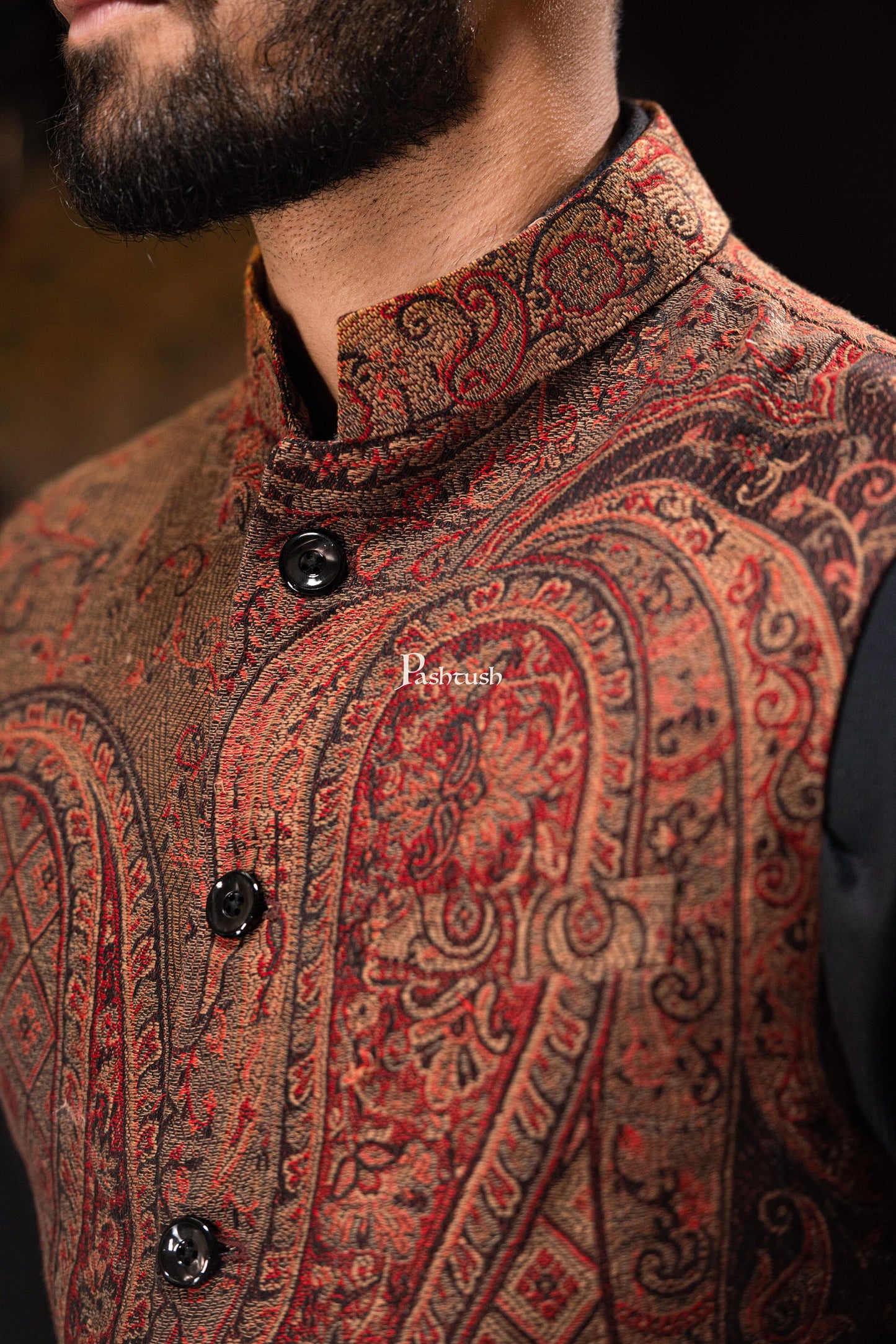 Pashtush India Coats & Jackets PASHTUSH MENS WOVEN JACQUARD WAISTCOAT, Structured SLIM FIT